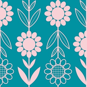 Joyful Daisies - Scandinavian, folk art, cotton candy, light pink, lagoon, turquoise, mod daisies