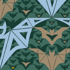 Bats Cave - sky blue, mushroom and pine - abstract bats, geometric, halloween