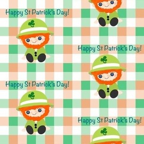 Happy St Patrick’s Day with leprechauns on Irish gingham 