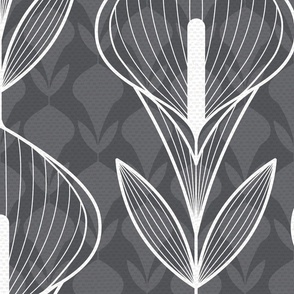 Calla Lily Geometric Damask - XLarge - white on grey 