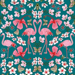 Cherry Blossom Flamingdango on Dark teal Flamingoes