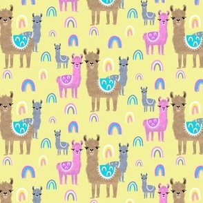  scale cute llamas on yellow with rainbows 