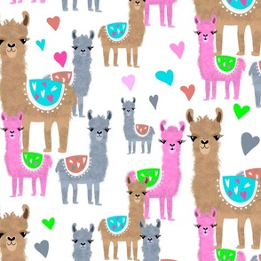 Extra large scale cute llamas on white with hearts