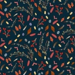 Autumnal, autumn, botanical, rosehips, honesty seeds, acorns, leaves, feathers, navy, brown, tie, dress making, home decor, curtains, bedding 4.1 x 3.5”
