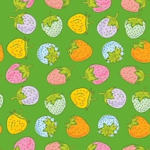 pink blue green orange lilac pastel color strawberries on light green background. Hand drawn sketch. 
