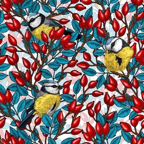 Birds and dog rose hips, blue, red, white