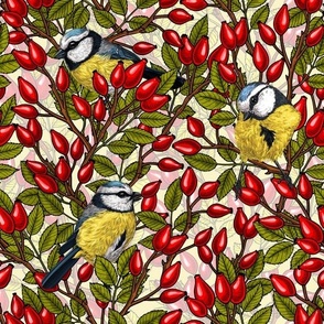 Birds and dog rose hips, green, red