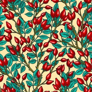 Rose hips, cyan, red and cream