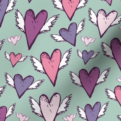 romantic seamless hearts with wings sketch retro style. 
