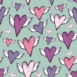 romantic seamless hearts with wings sketch retro style. 