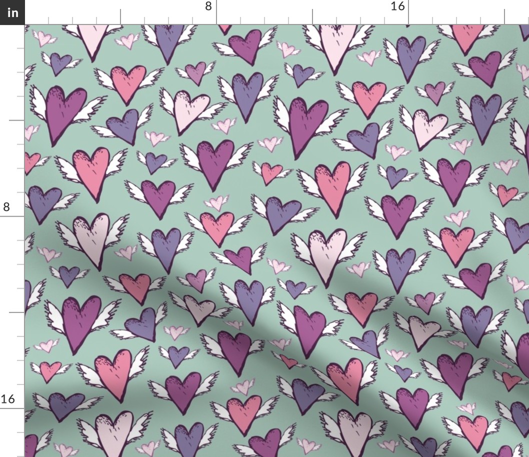 romantic seamless hearts with wings sketch retro style. 