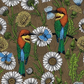 Bee eaters, blue butterflies and daisy flowers on bark brown