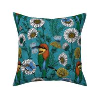 Bee eaters, blue butterflies and daisy flowers on lagoon blue