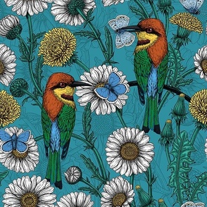 Bee eaters, blue butterflies and daisy flowers on lagoon blue