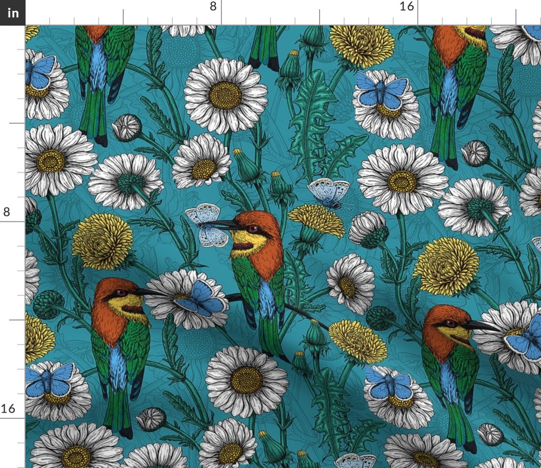 Bee eaters, blue butterflies and daisy flowers on lagoon blue