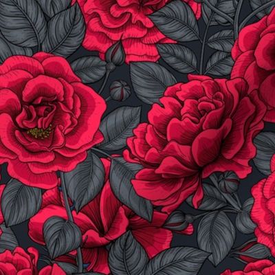 Red roses with gray leaves on black