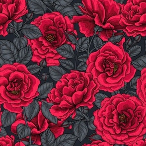 Red roses with gray leaves on black