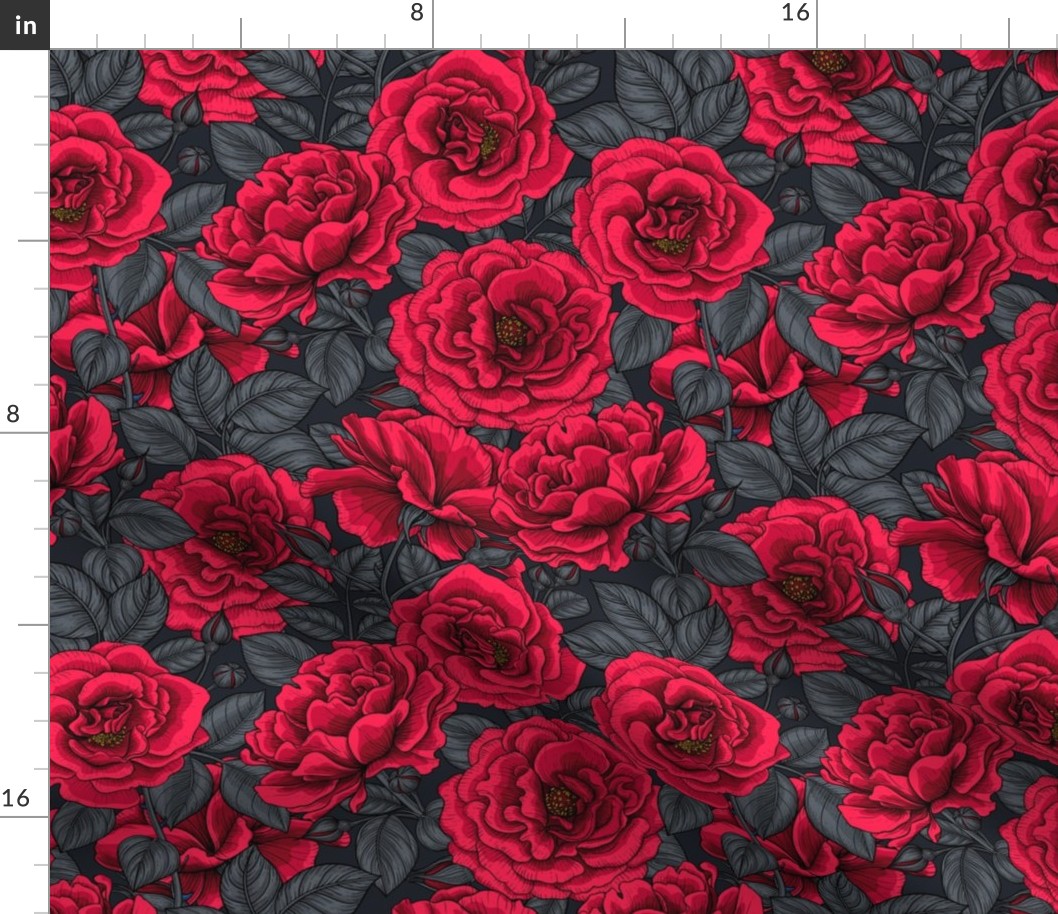 Red roses with gray leaves on black