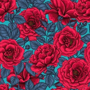 Red roses with blue leaves on blue