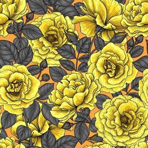 Yellow roses with dark gray leaves on orange