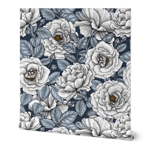 White roses on navy | Spoonflower