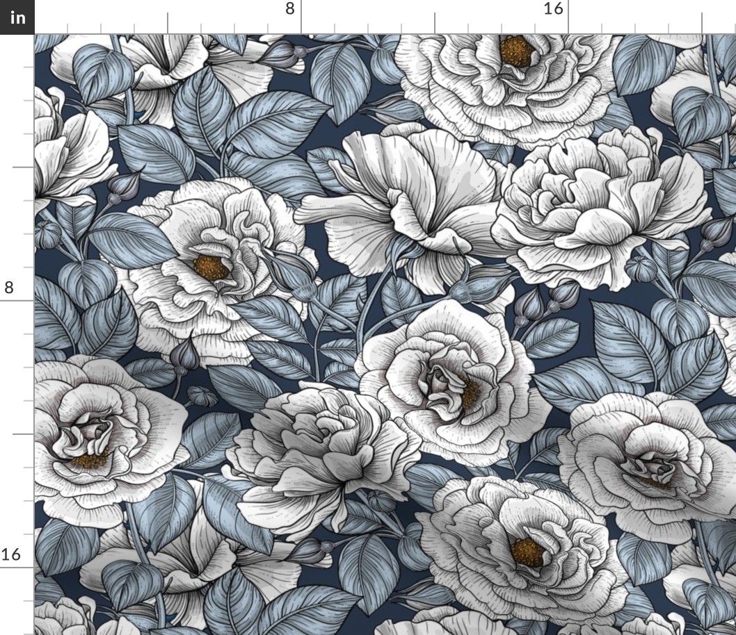 White roses on navy Fabric | Spoonflower