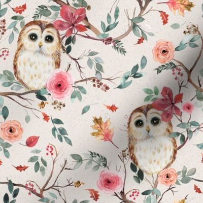 Owls watercolor Forest trees Green red Beige Small