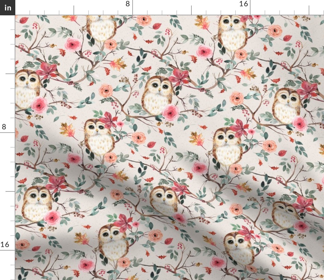 Owls watercolor Forest trees Green red Beige Small