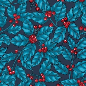 Holly berry, blue leaves on dark blue