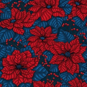 Red ponsettia with blue leaves and red berries on dark blue