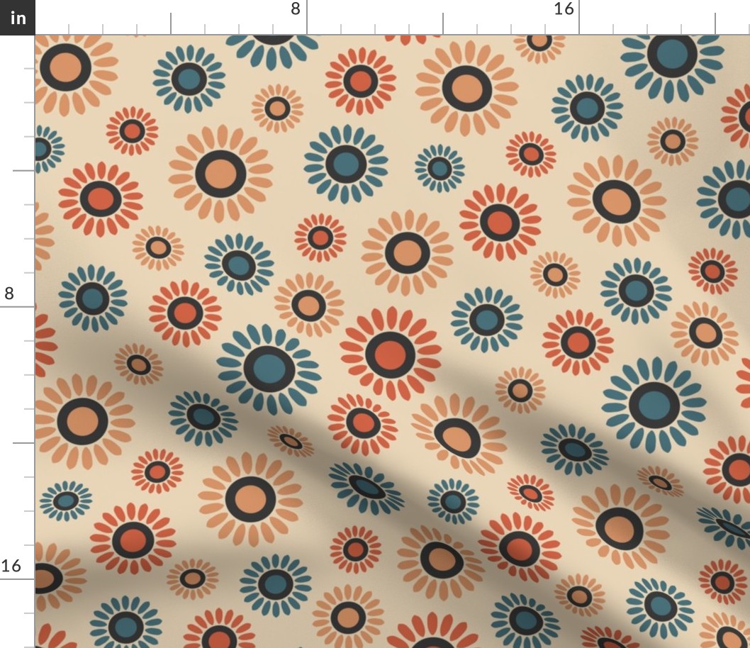 Retro folk flowers beige terracotta blue