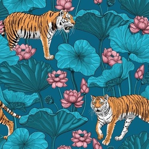 Tigers in the lotus pond on blue 2