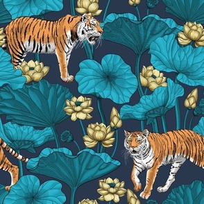 Tigers in the lotus pond on navy