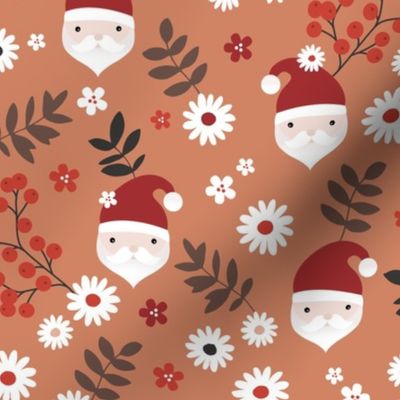 Kawaii santa boho Christmas garden leaves daisies and berries  spice burnt orange red gray neutral