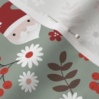 Kawaii santa boho Christmas garden leaves daisies and berries olive sage green red