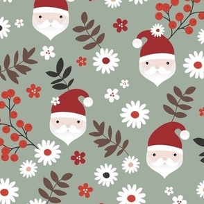 Kawaii santa boho Christmas garden leaves daisies and berries olive sage green red