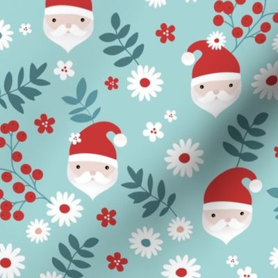 Kawaii santa boho Christmas garden leaves daisies and berries light blue teal red white