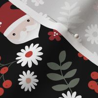 Kawaii santa boho Christmas garden leaves daisies and berries red green on black