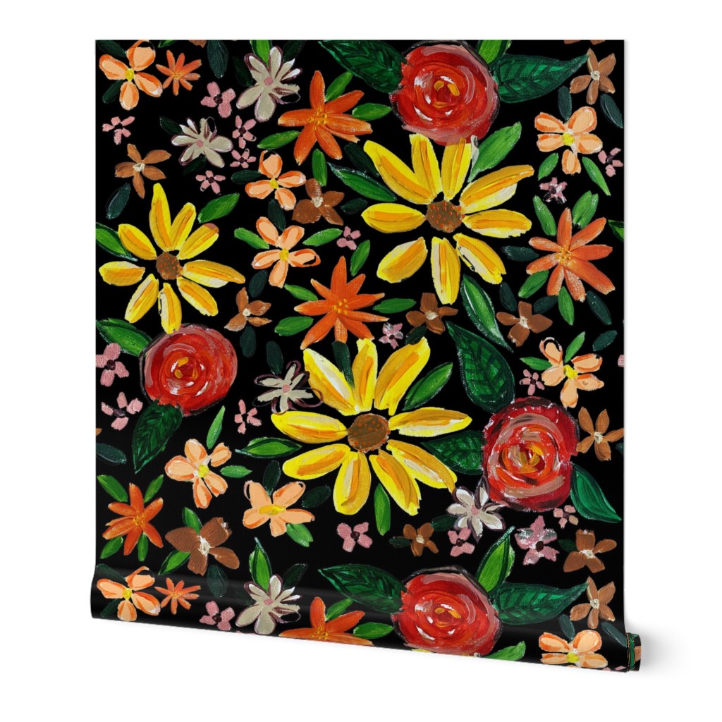 Autumn Sunflower Floral // Black