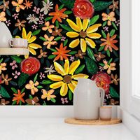 Autumn Sunflower Floral // Black