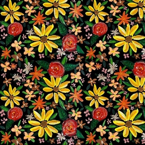 Autumn Sunflower Floral // Black