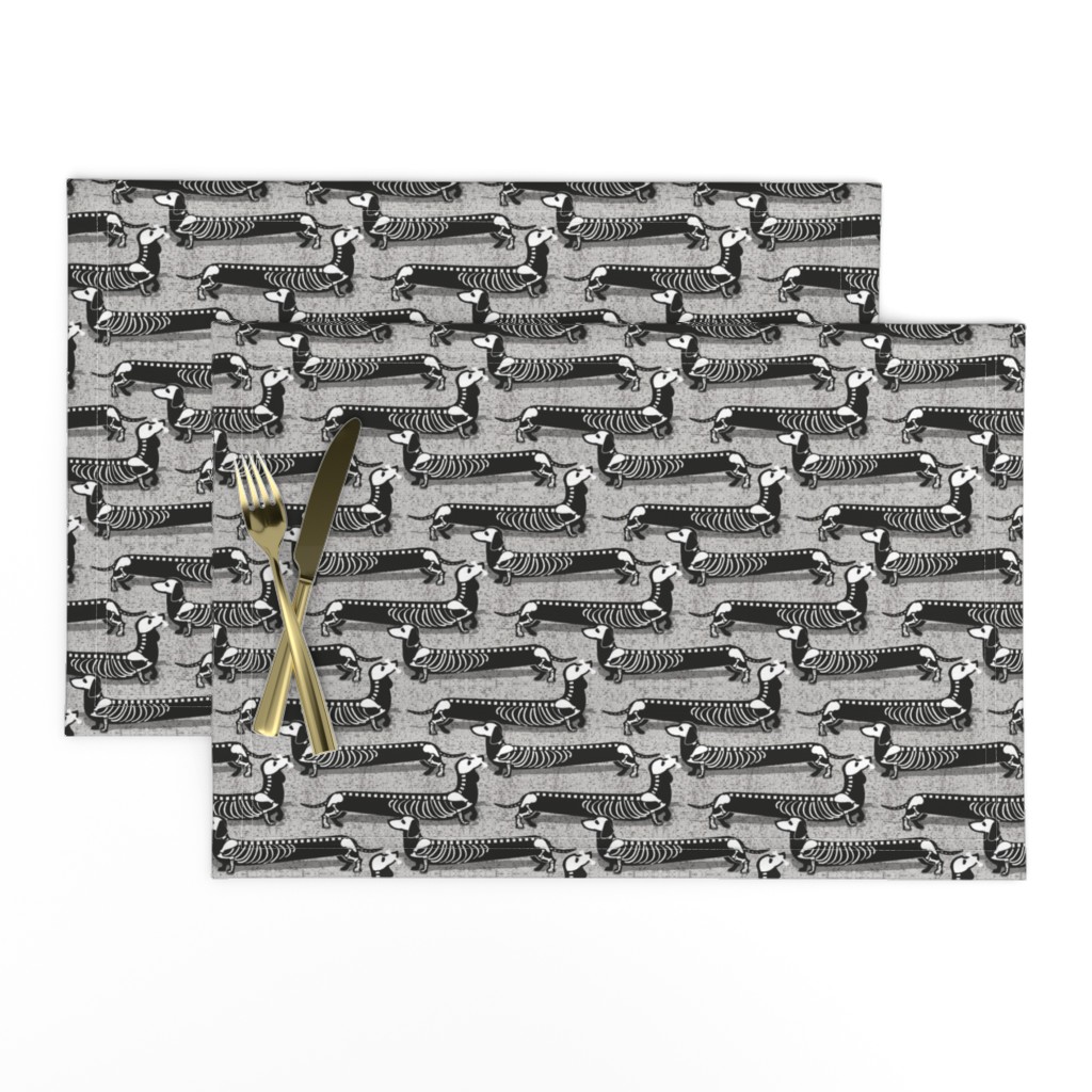 Small scale // Spooktacular long dachshunds skeleton // light grey grey background white halloween dog bones