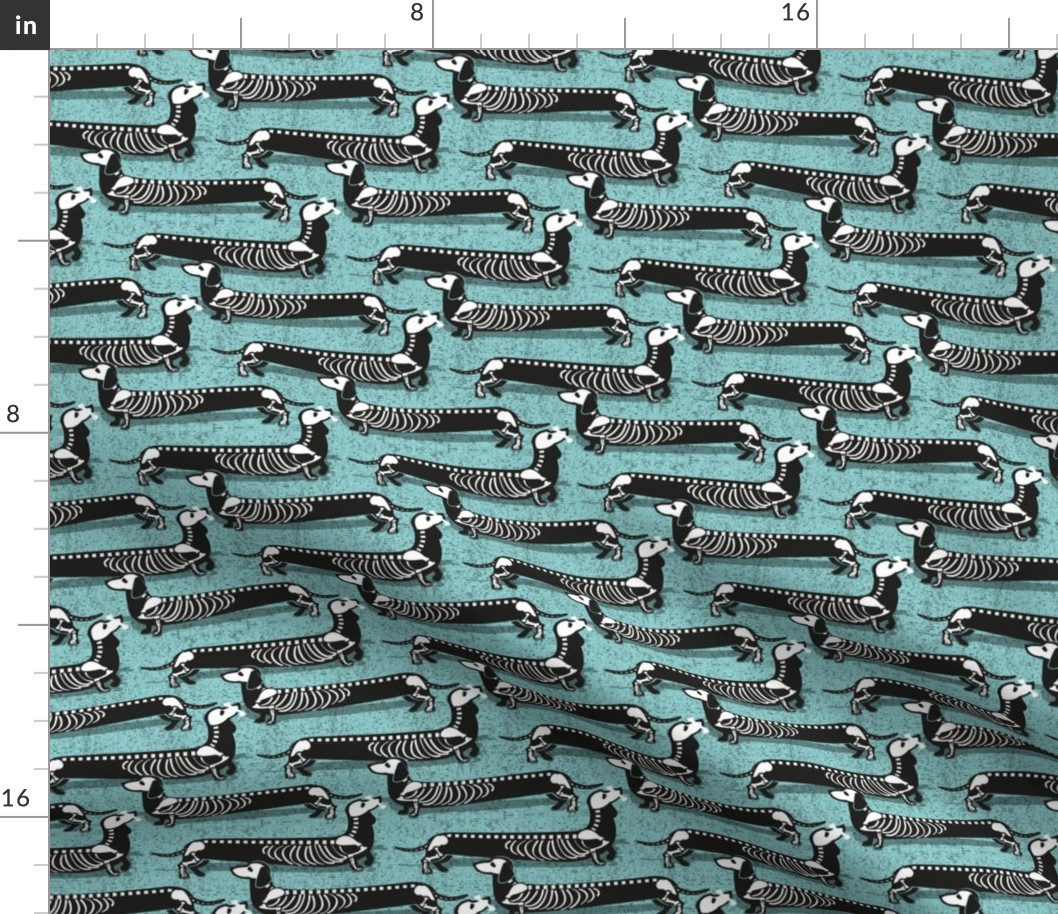 Small scale // Spooktacular long dachshunds skeleton // mint background white halloween dog bones