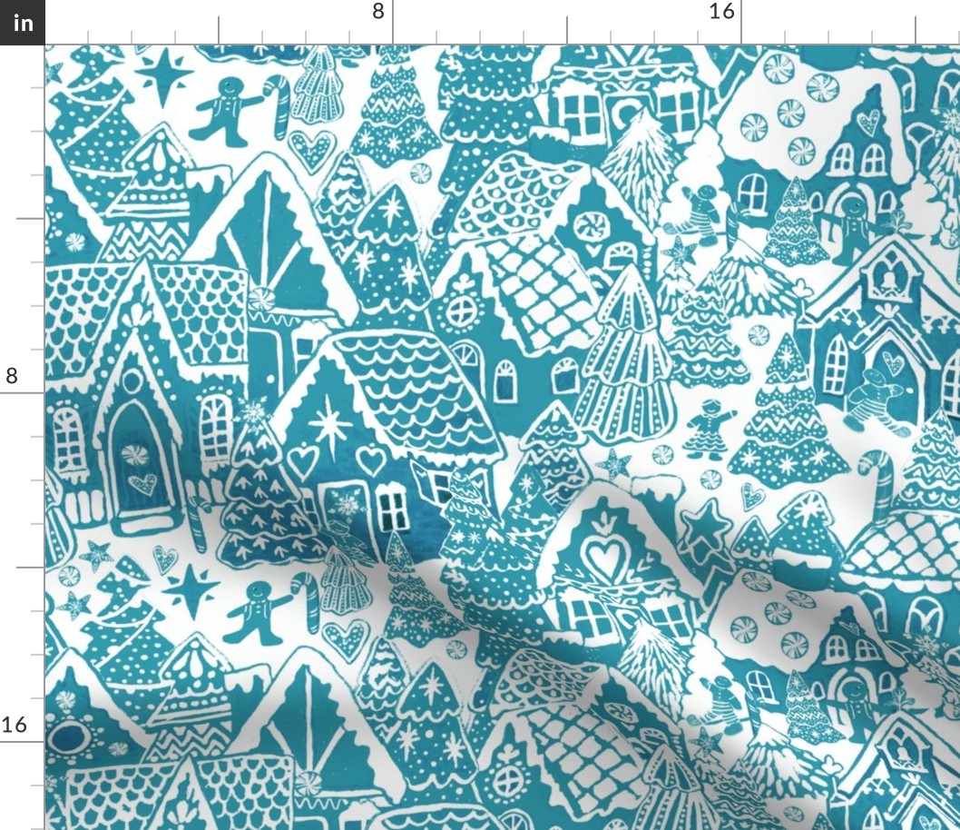 Holiday Traditions Candy House Toile in teal and white// Gingerbread Christmas Village