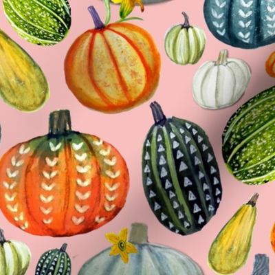 Autumn Botanicals, painted pumpkins on pink 