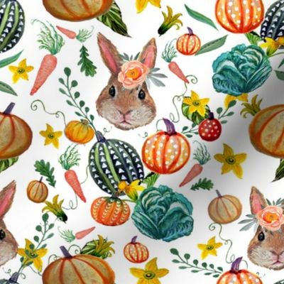 Rabbit and pumpkins, vegetables and flower harvest painted in watercolor