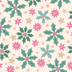 Holly Snowflakes & Poinsettias: Teal & Pink (Large Scale)