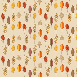 Hand Sketched Fall Leaves Doodle Orange Brown Ecru 