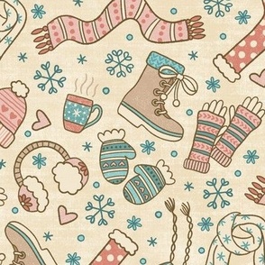 Cute Winter Accessories on Beige (Large Scale)