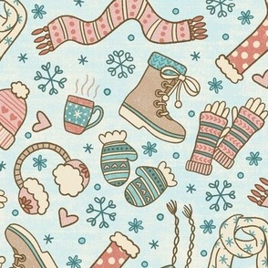 Cute Winter Accessories on Blue (Large Scale)